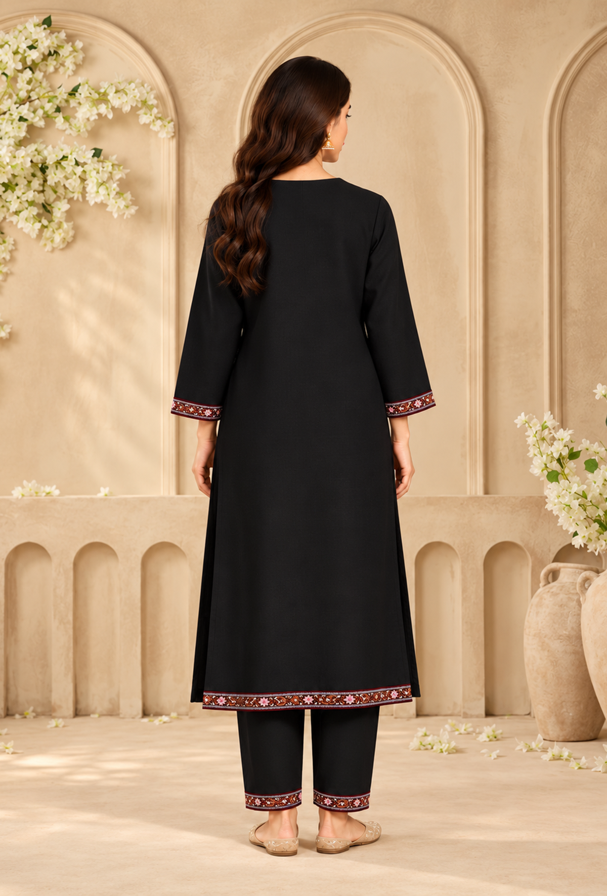 Set of 2: Midnight Black Cashmilon Kashmiri Embroidered Lace Phiran & Pant Set パンツ M