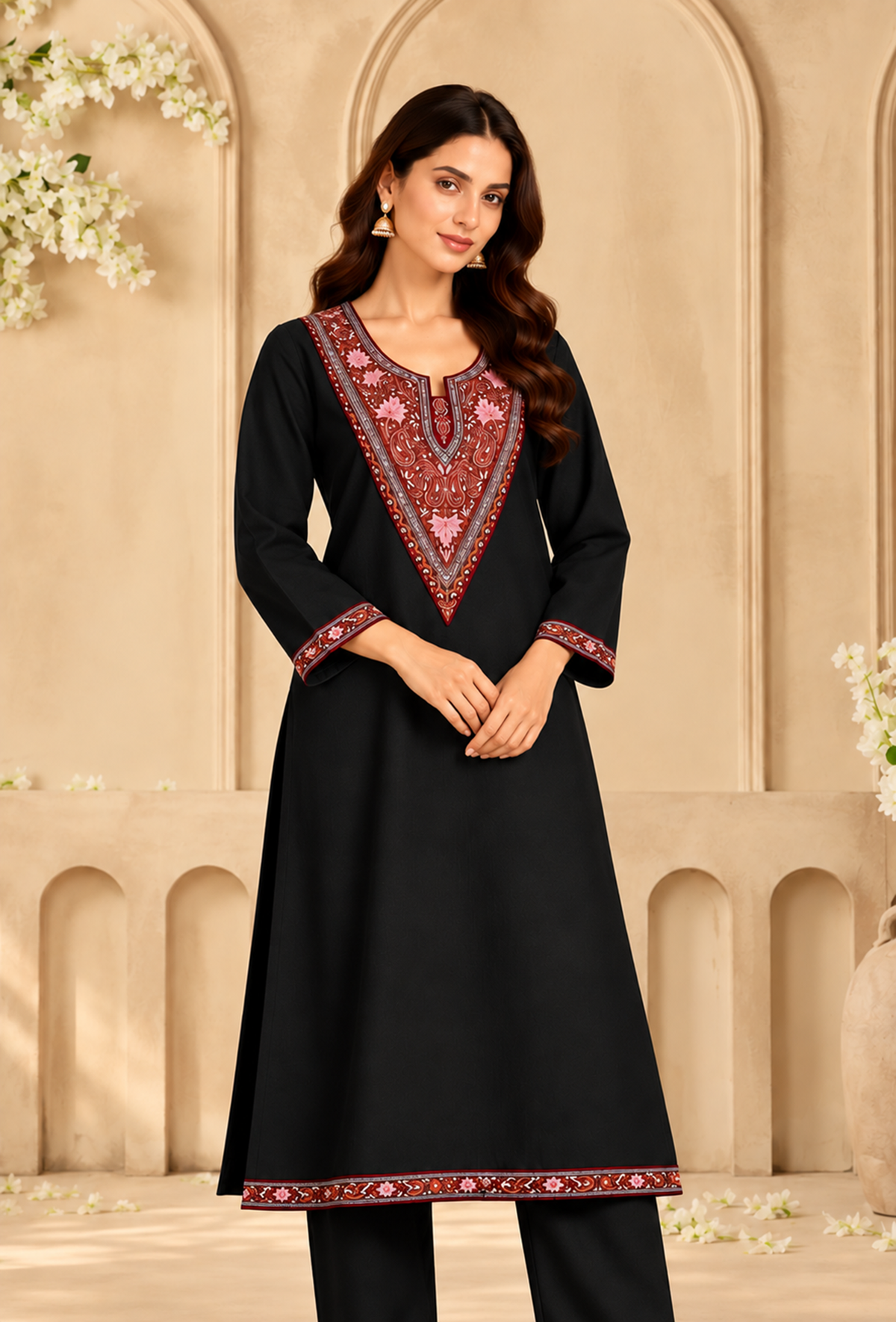 Black Cashmilon Kashmiri Embroidered Lace Phiran サイズ フリーサイズ