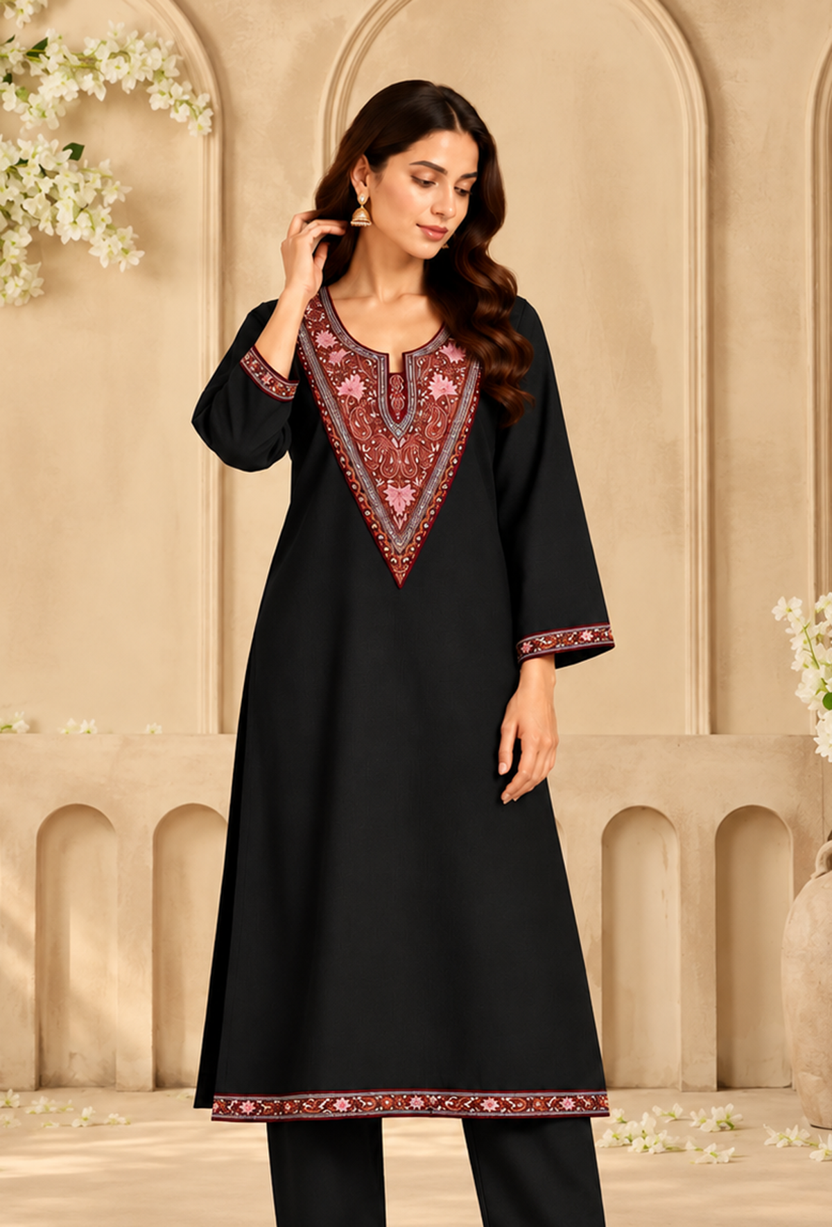 Black Cashmilon Kashmiri Embroidered Lace Phiran サイズ フリーサイズ
