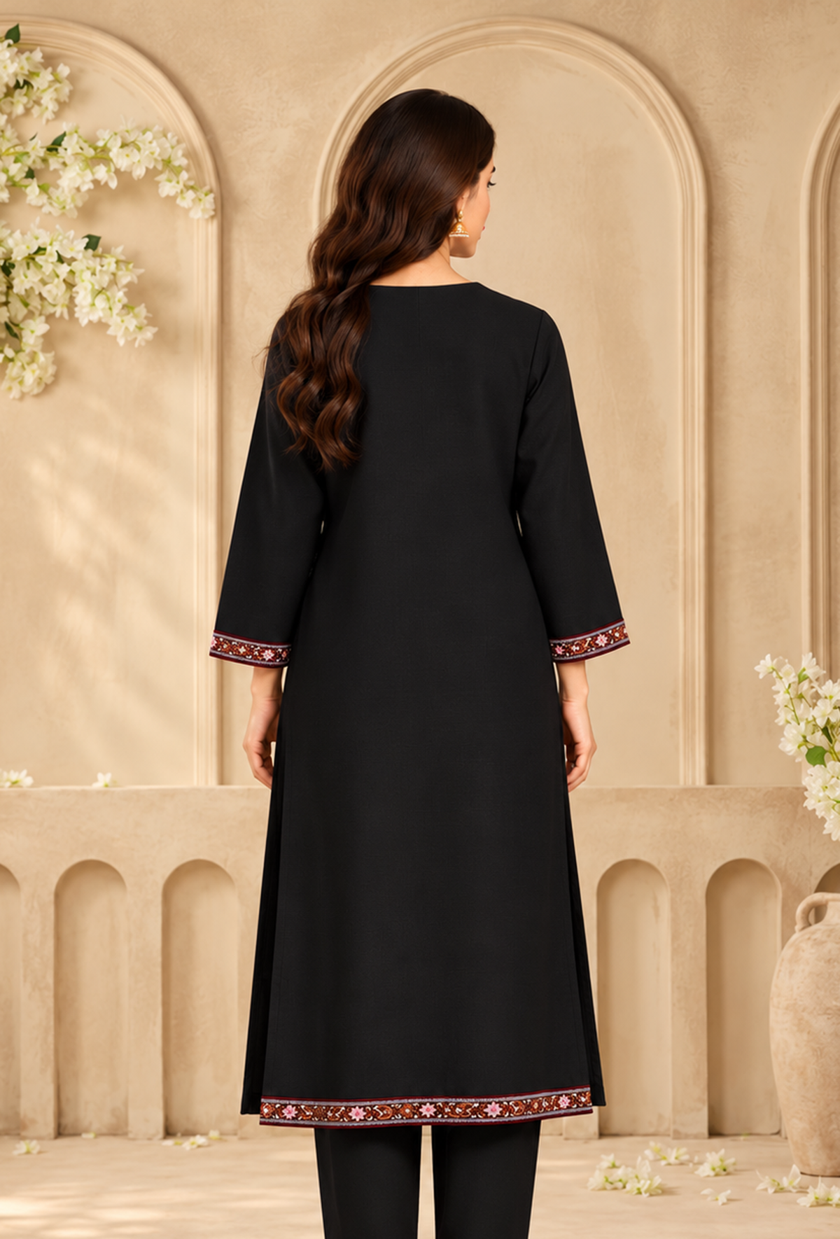 Black Cashmilon Kashmiri Embroidered Lace Phiran サイズ フリーサイズ