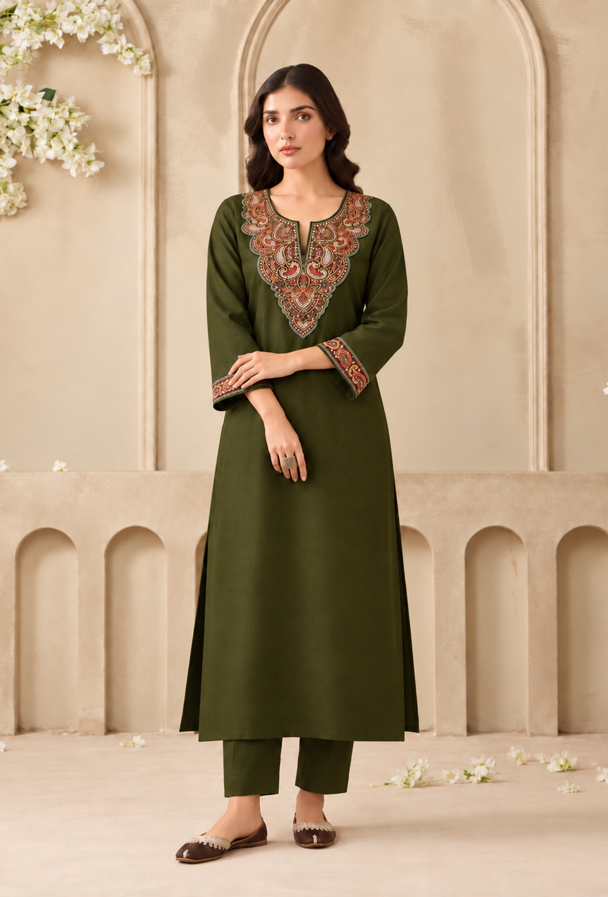 Set of 2: Olive Green Cashmilon Kashmiri Embroidered Lace Phiran with Pant パンツ M