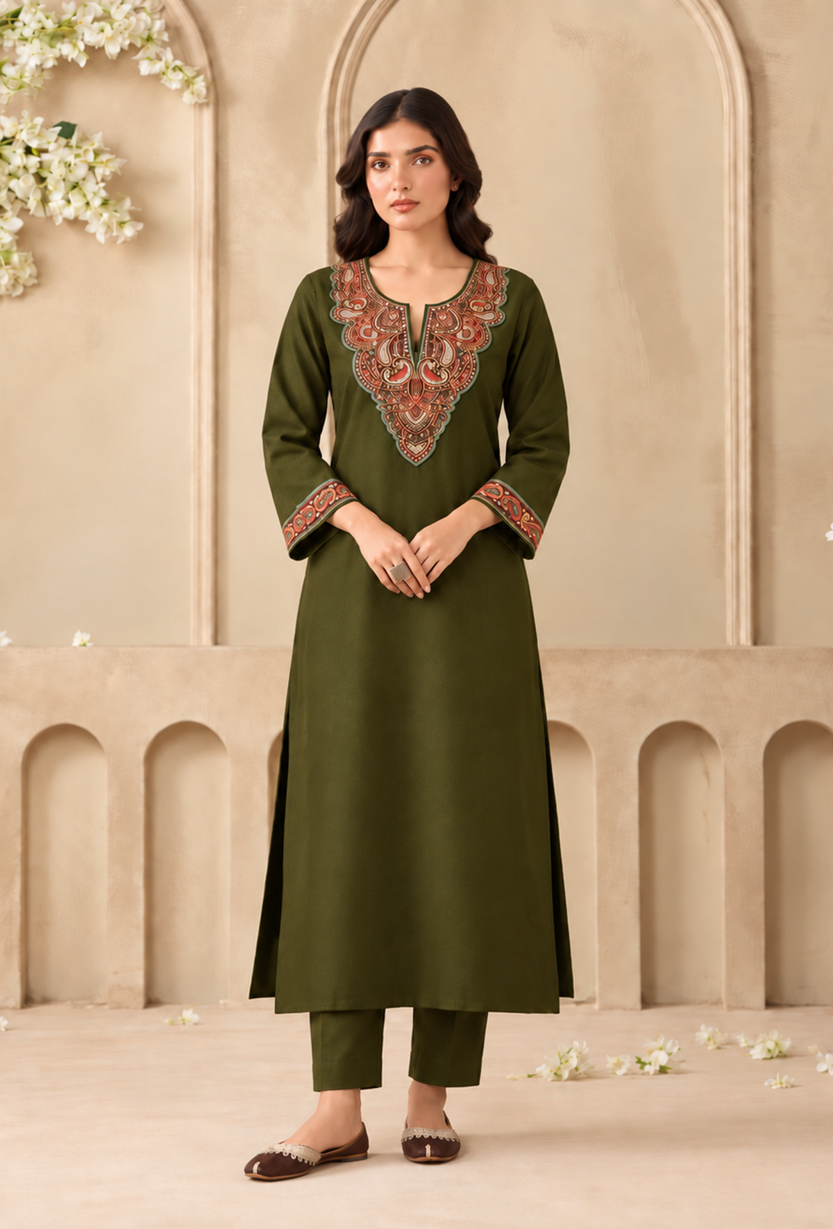 Set of 2: Olive Green Cashmilon Kashmiri Embroidered Lace Phiran with Pant パンツ L