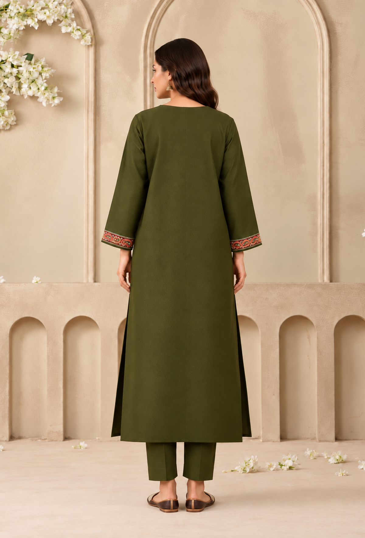Set of 2: Olive Green Cashmilon Kashmiri Embroidered Lace Phiran with Pant パンツ L