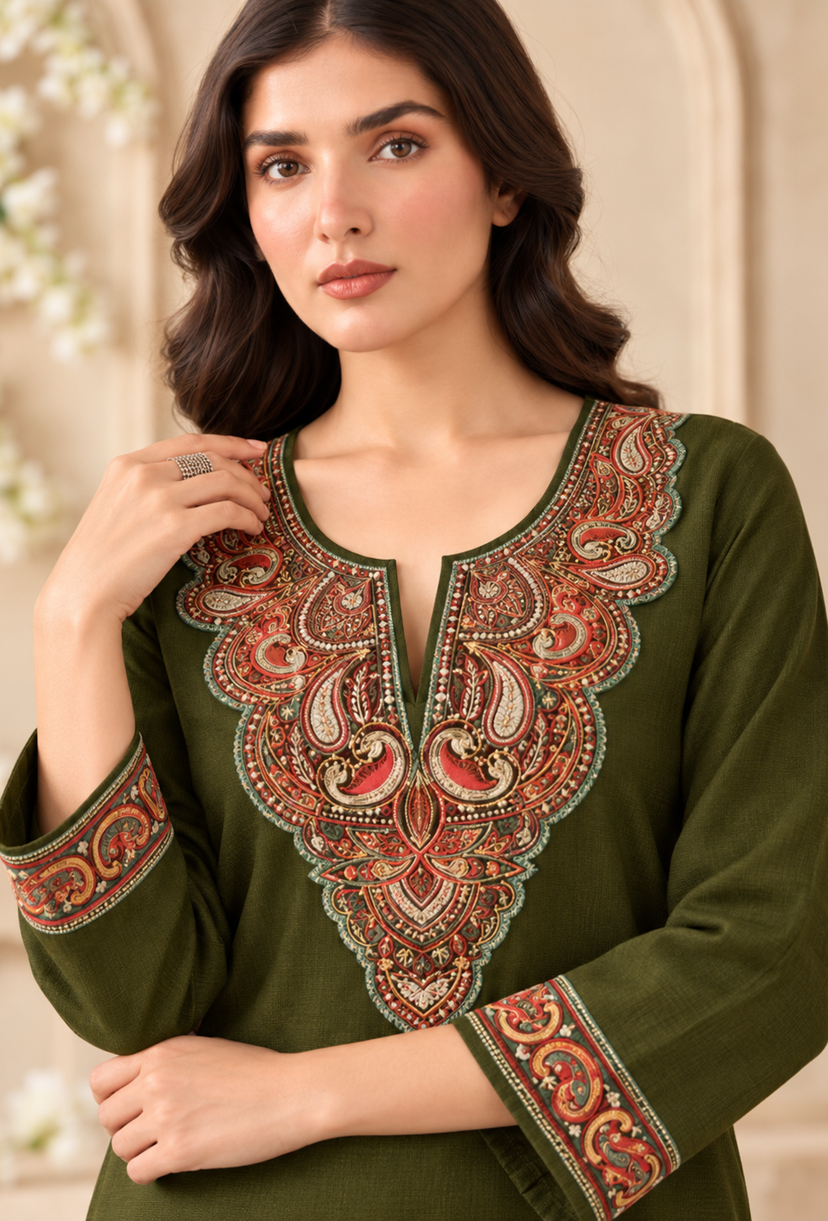 Set of 2: Olive Green Cashmilon Kashmiri Embroidered Lace Phiran with Pant パンツ XXL
