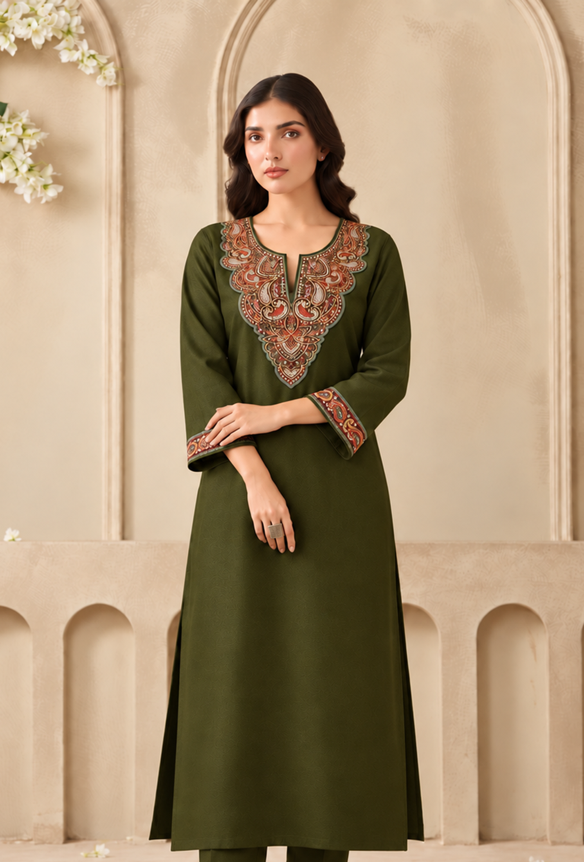 Olive Green Cashmilon Regal Paisley Embroidered Lace Phiran サイズ フリーサイズ