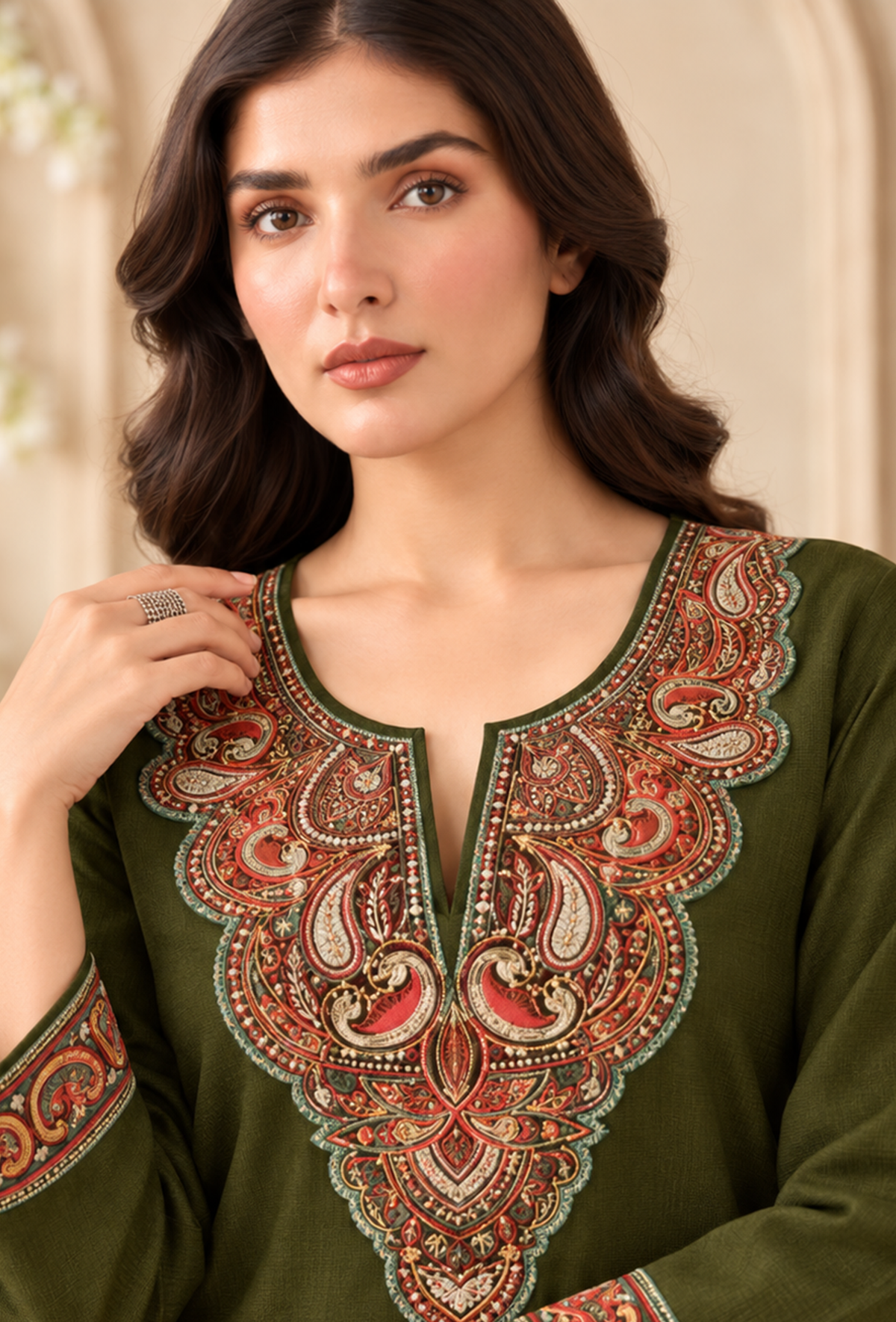 Olive Green Cashmilon Regal Paisley Embroidered Lace Phiran サイズ フリーサイズ