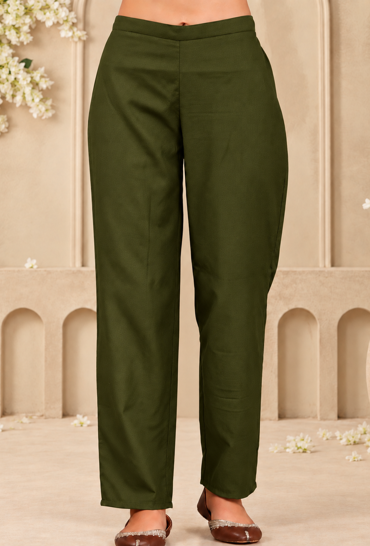 Olive Green Cashmilon Straight-Fit Pants with Pockets サイズ L