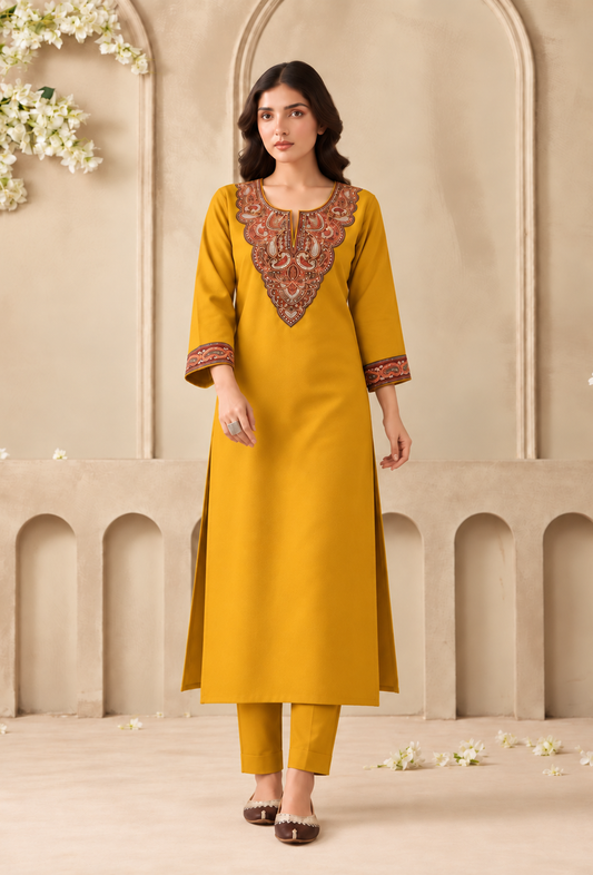Set of 2: Mustard Gold Cashmilon Kashmiri Embroidered Lace Phiran with Pant パンツ M