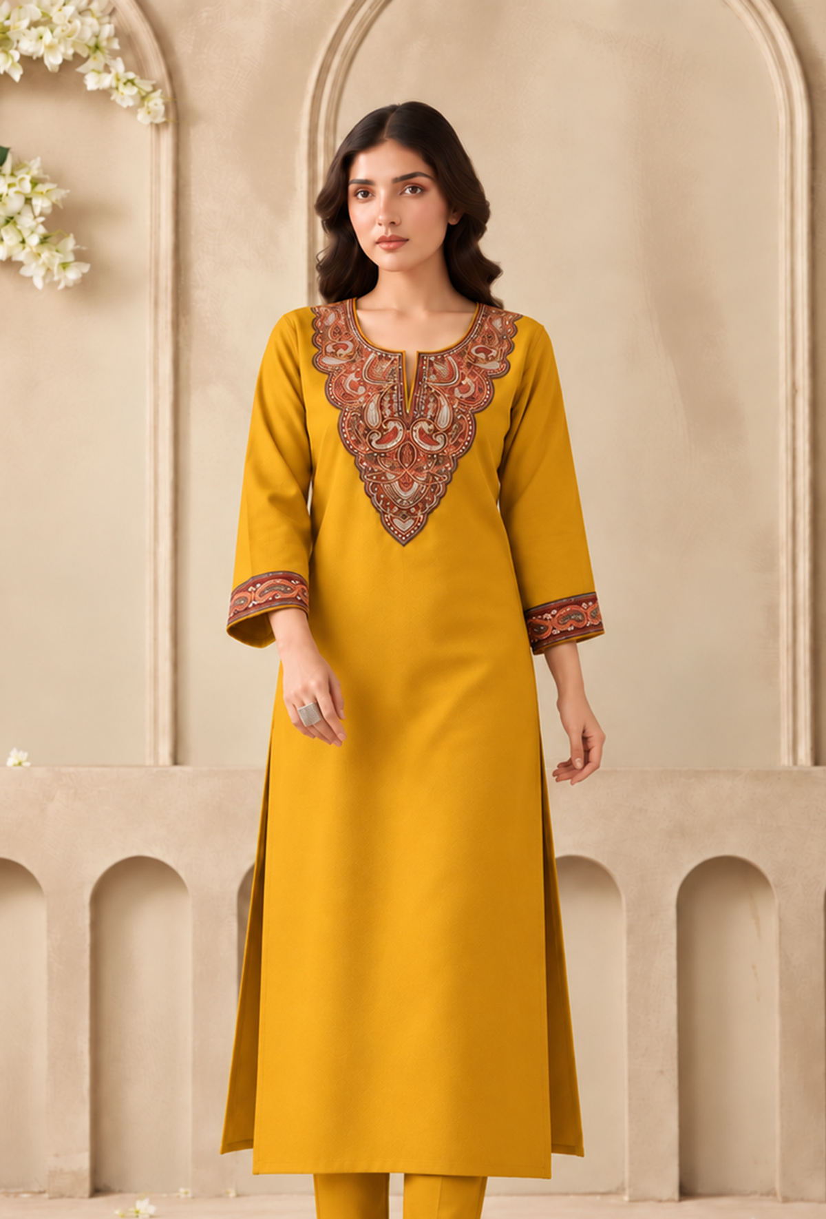 Mustard Gold Cashmilon Kashmiri Embroidered Lace Phiran サイズ フリーサイズ