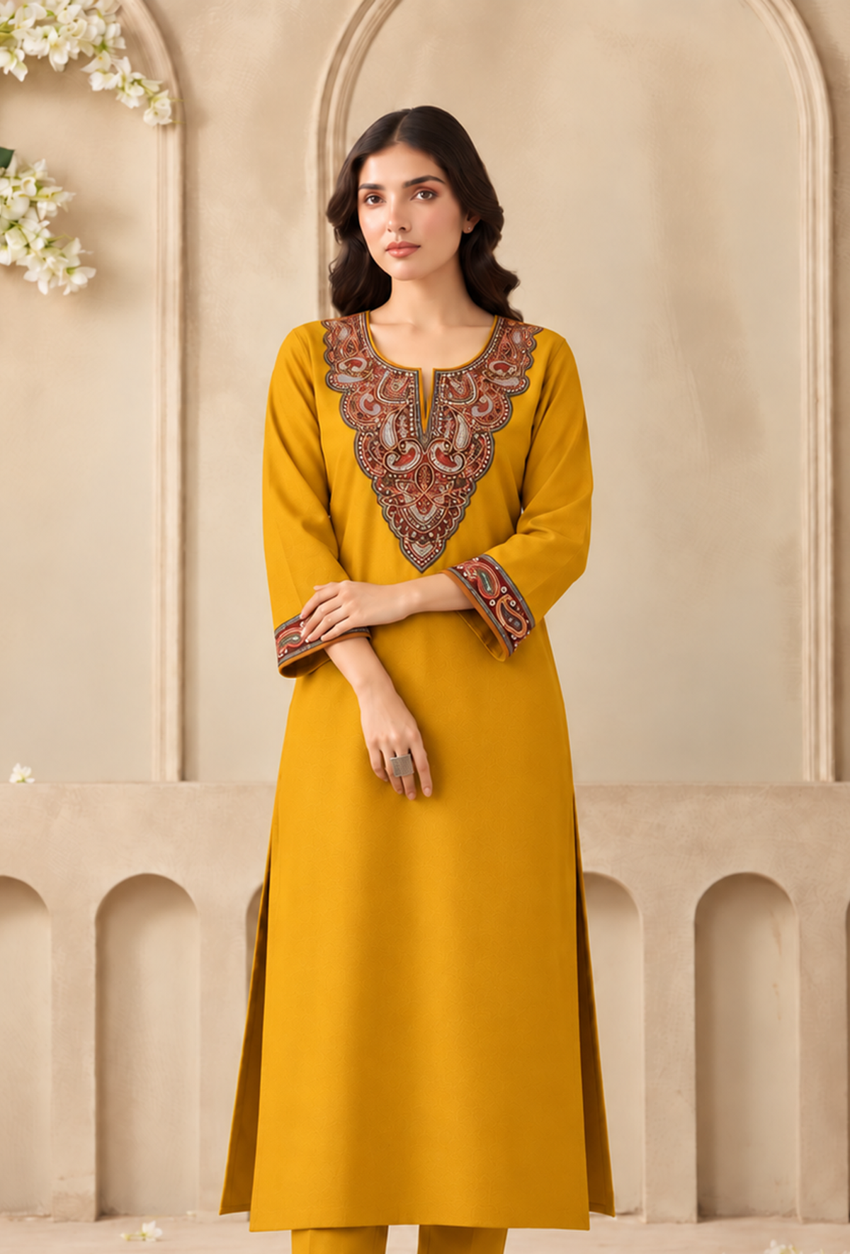 Mustard Gold Cashmilon Kashmiri Embroidered Lace Phiran サイズ フリーサイズ
