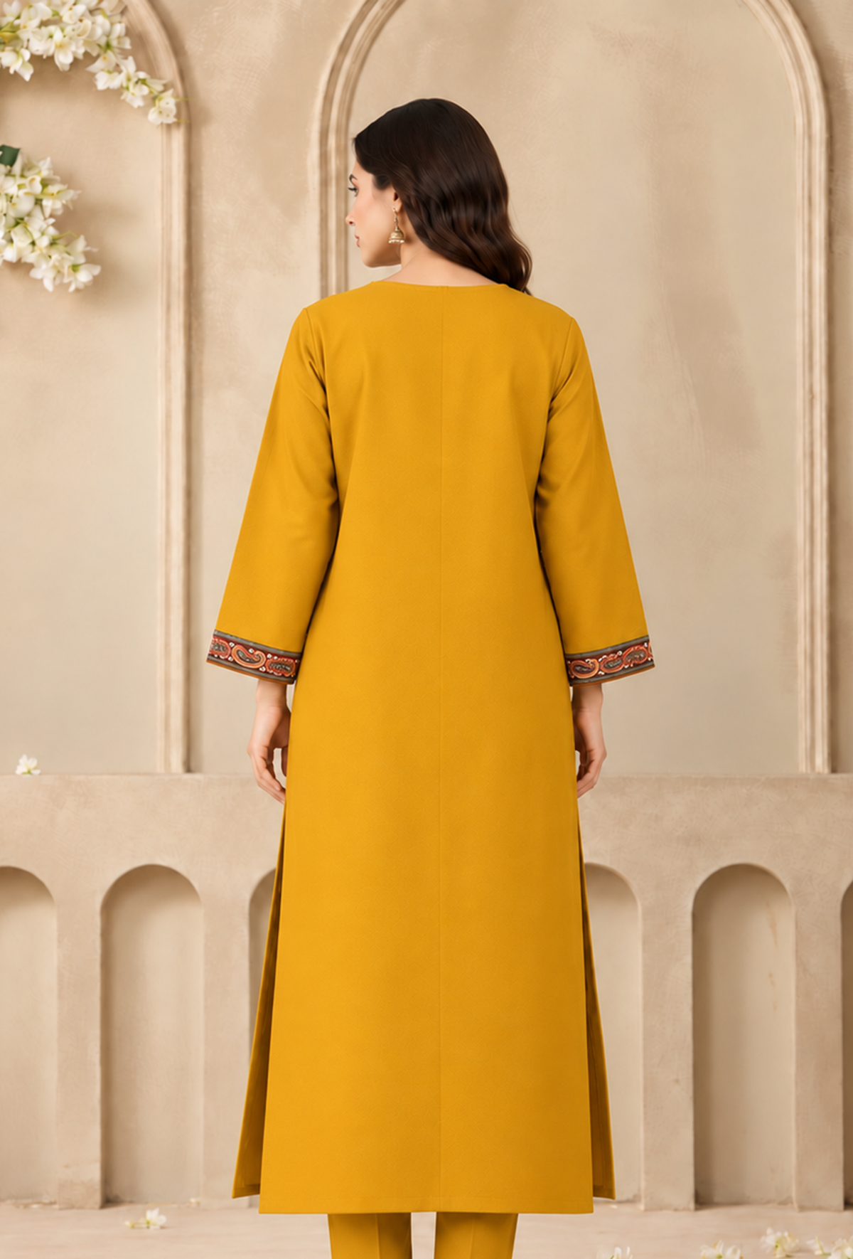 Mustard Gold Cashmilon Kashmiri Embroidered Lace Phiran サイズ フリーサイズ