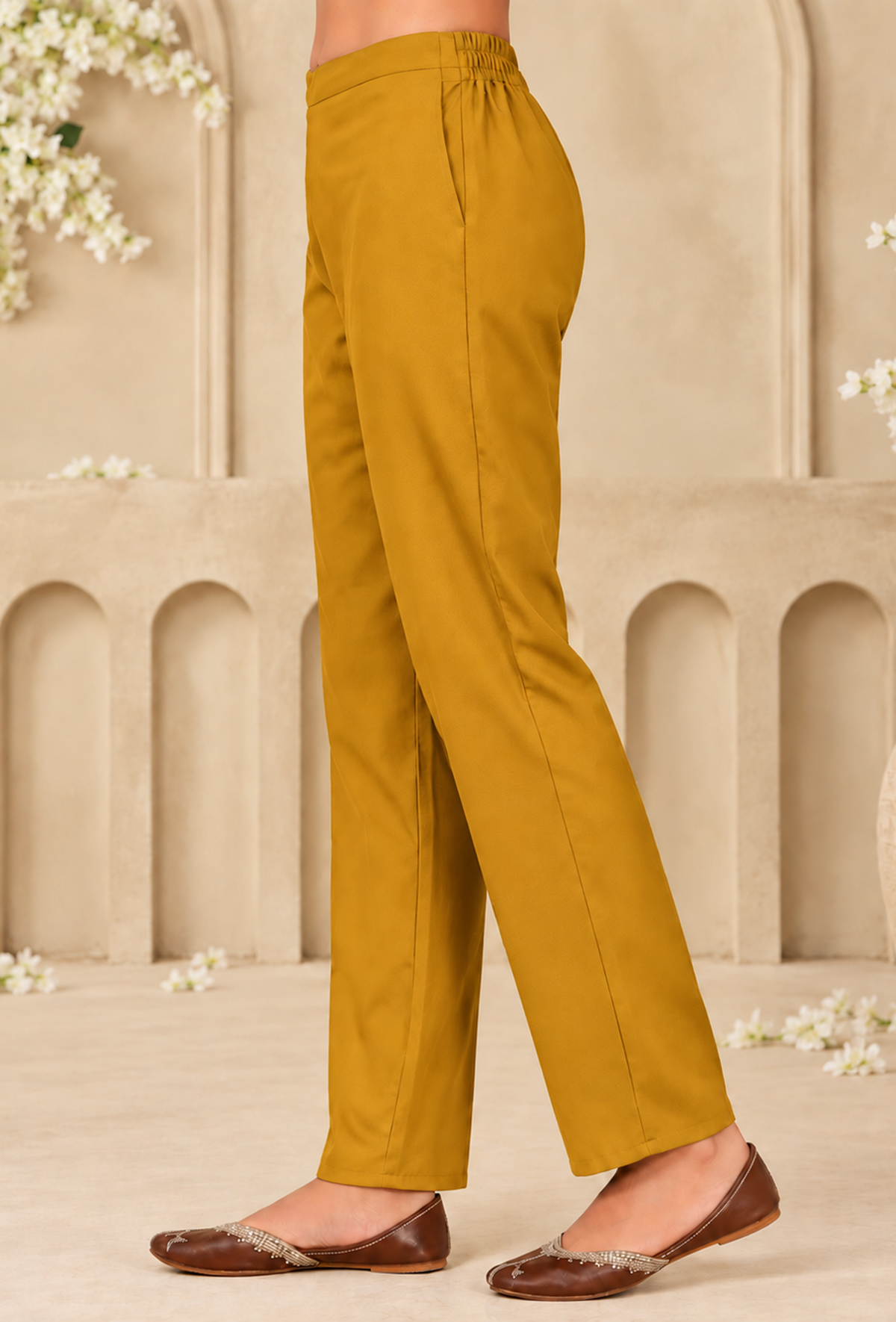 Mustard Gold Cashmilon Straight-Fit Kashmiri Embroidered Lace Pant with Pockets サイズ XL