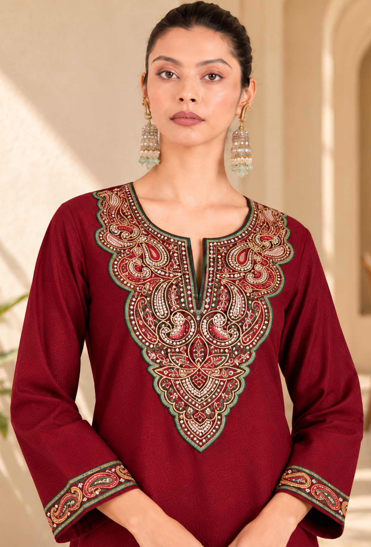 Set of 2: Maroon Cashmilon Kashmiri Embroidered Lace Phiran with Pants パンツ S