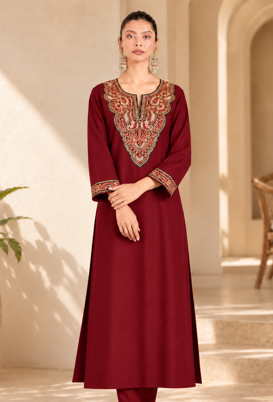 Maroon Cashmilon Kashmiri Embroidered Lace Phiran サイズ フリーサイズ