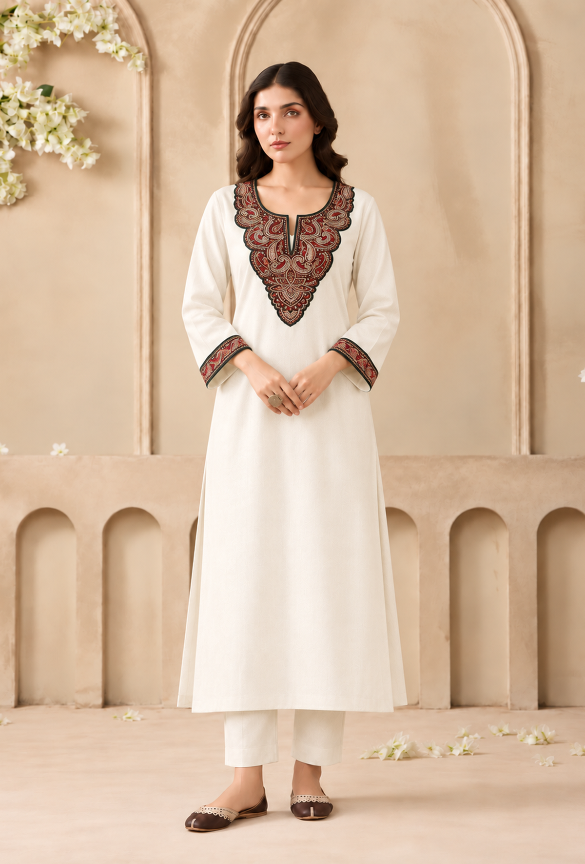 Set of 2: Ivory Elegance Cashmilon Kashmiri Embroidered Lace Phiran with Pants パンツ L