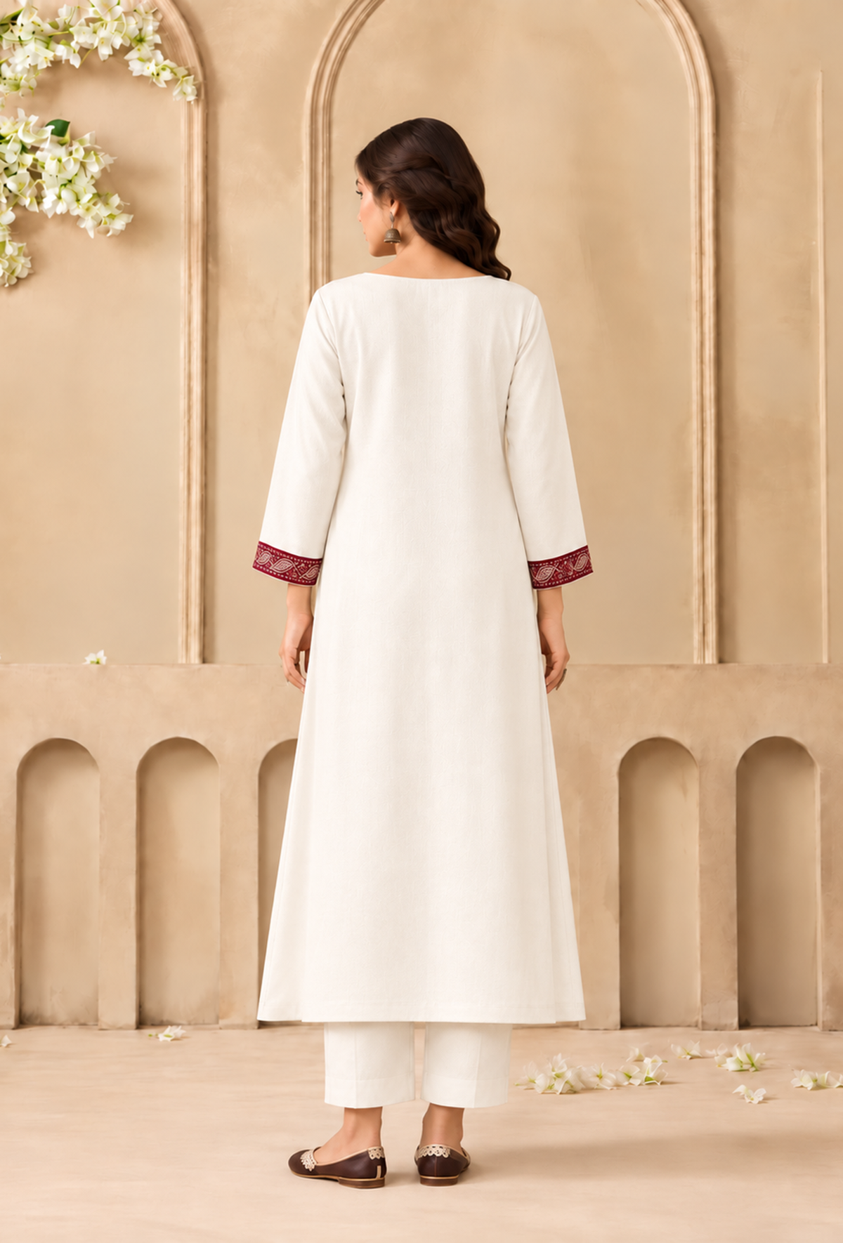 Set of 2: Ivory Charm Cashmilon Kashmiri Embroidered Lace Phiran with Pants パンツ XXL