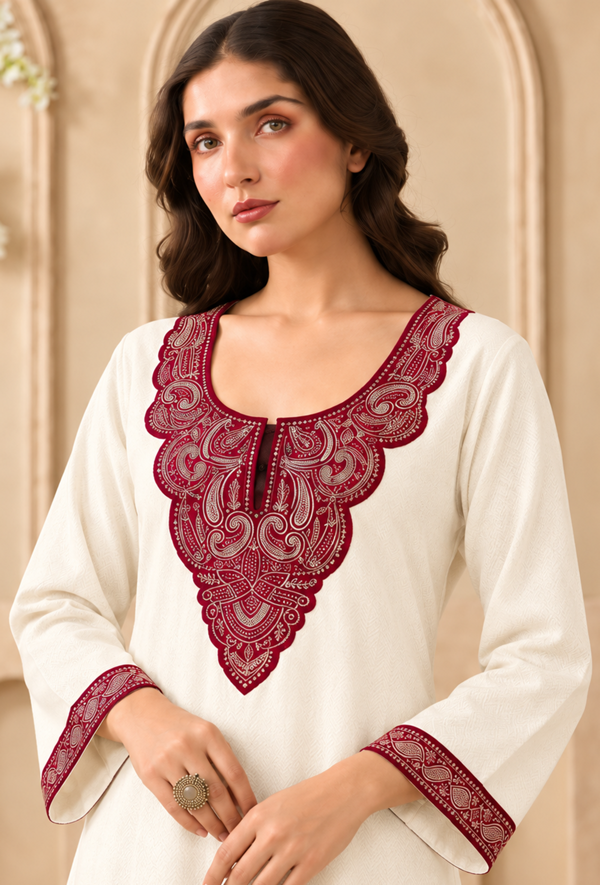 Set of 2: Ivory Charm Cashmilon Kashmiri Embroidered Lace Phiran with Pants パンツ XXXL