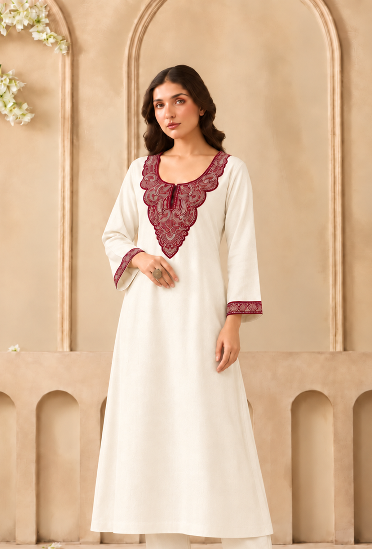 Ivory Charm Cashmilon Maroon Kashmiri Embroidered Lace Phiran サイズ フリーサイズ