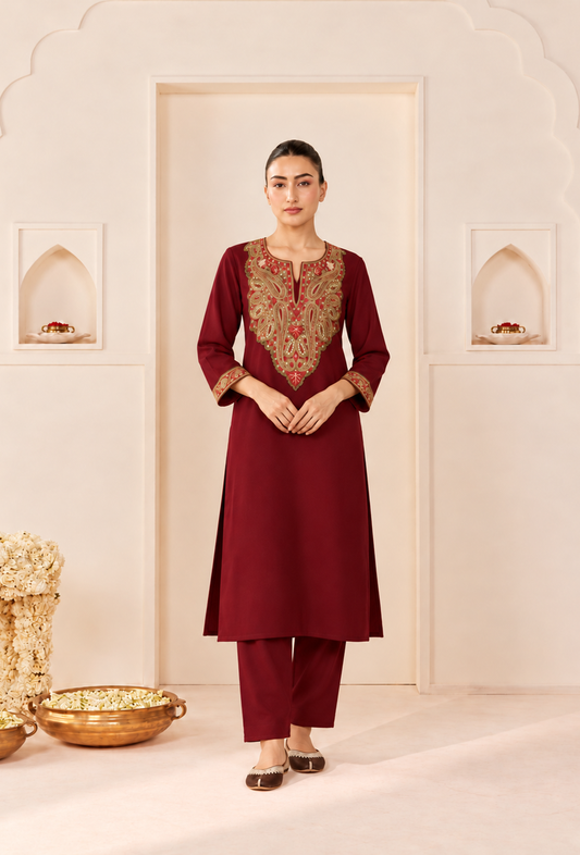 Set of 2: Burgundy Royale Cashmilon Kashmiri Embroidered Lace Phiran with Pants パンツ M