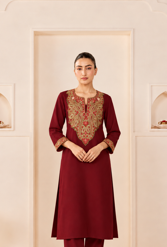 Burgundy Royale Cashmilon Kashmiri Embroidered Lace Phiran サイズ フリーサイズ
