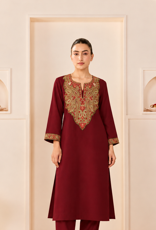 Burgundy Royale Cashmilon Kashmiri Embroidered Lace Phiran サイズ フリーサイズ