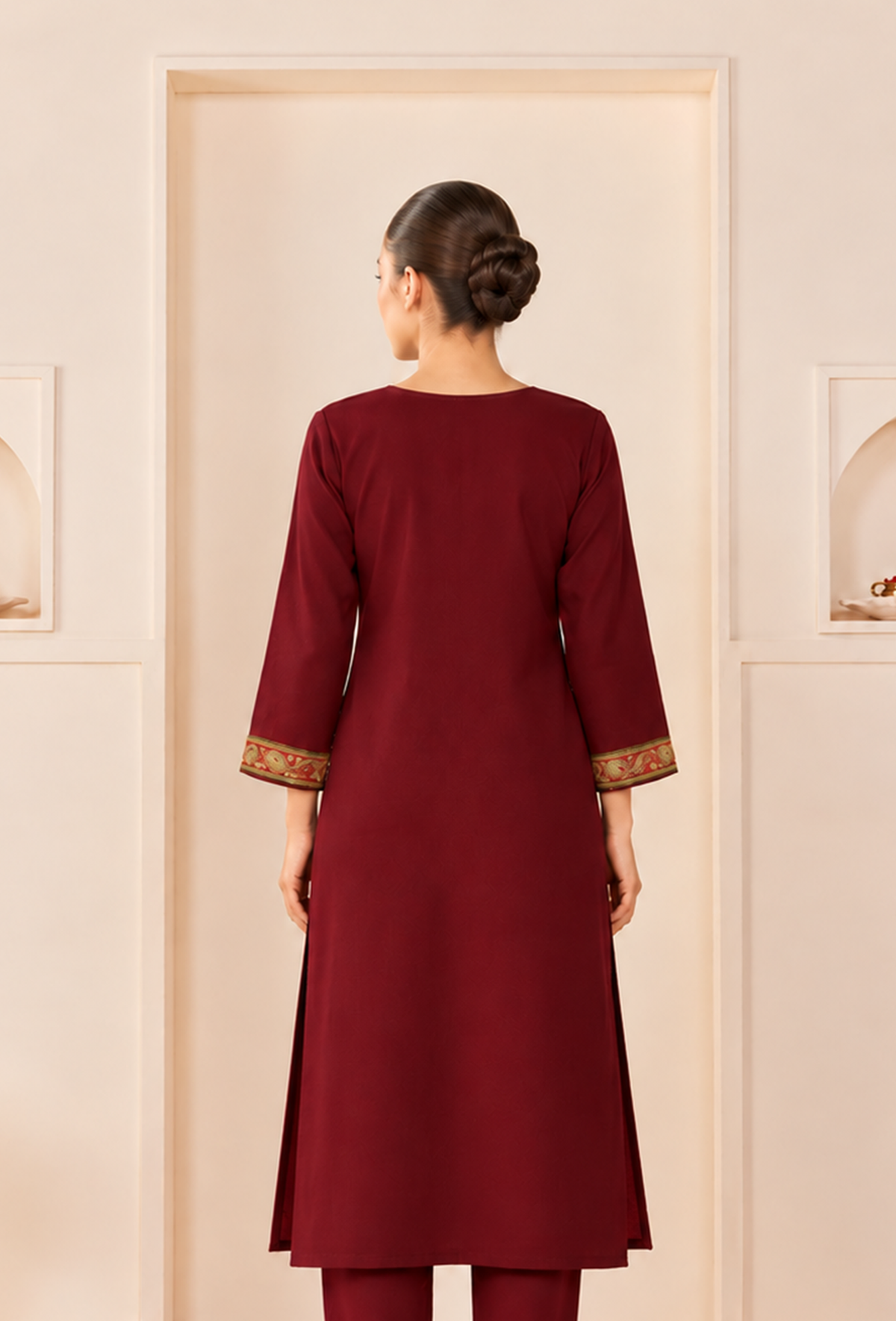 Burgundy Royale Cashmilon Kashmiri Embroidered Lace Phiran サイズ フリーサイズ