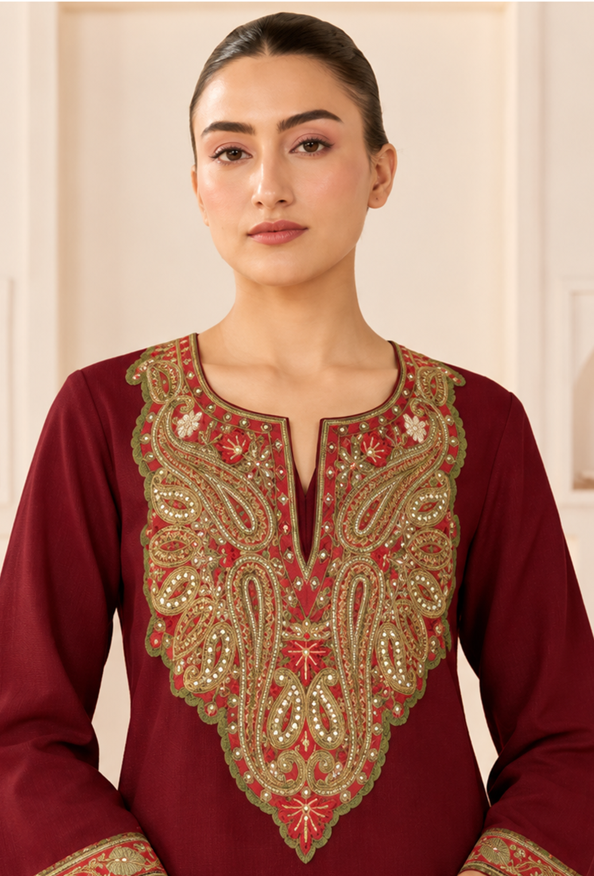 Burgundy Royale Cashmilon Kashmiri Embroidered Lace Phiran サイズ フリーサイズ