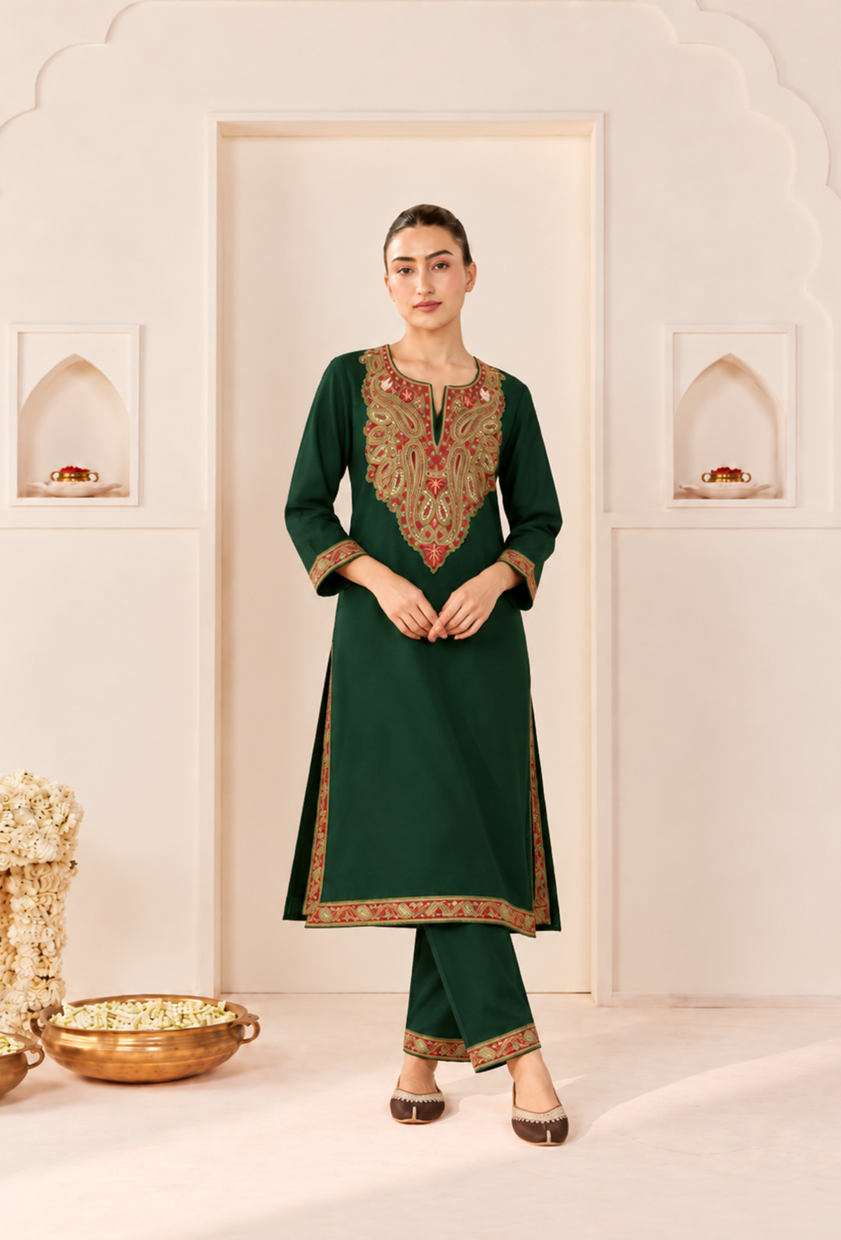 Set of 2: Emerald Royale Cashmilon Kashmiri Embroidered Lace Phiran with Pants パンツ XXL