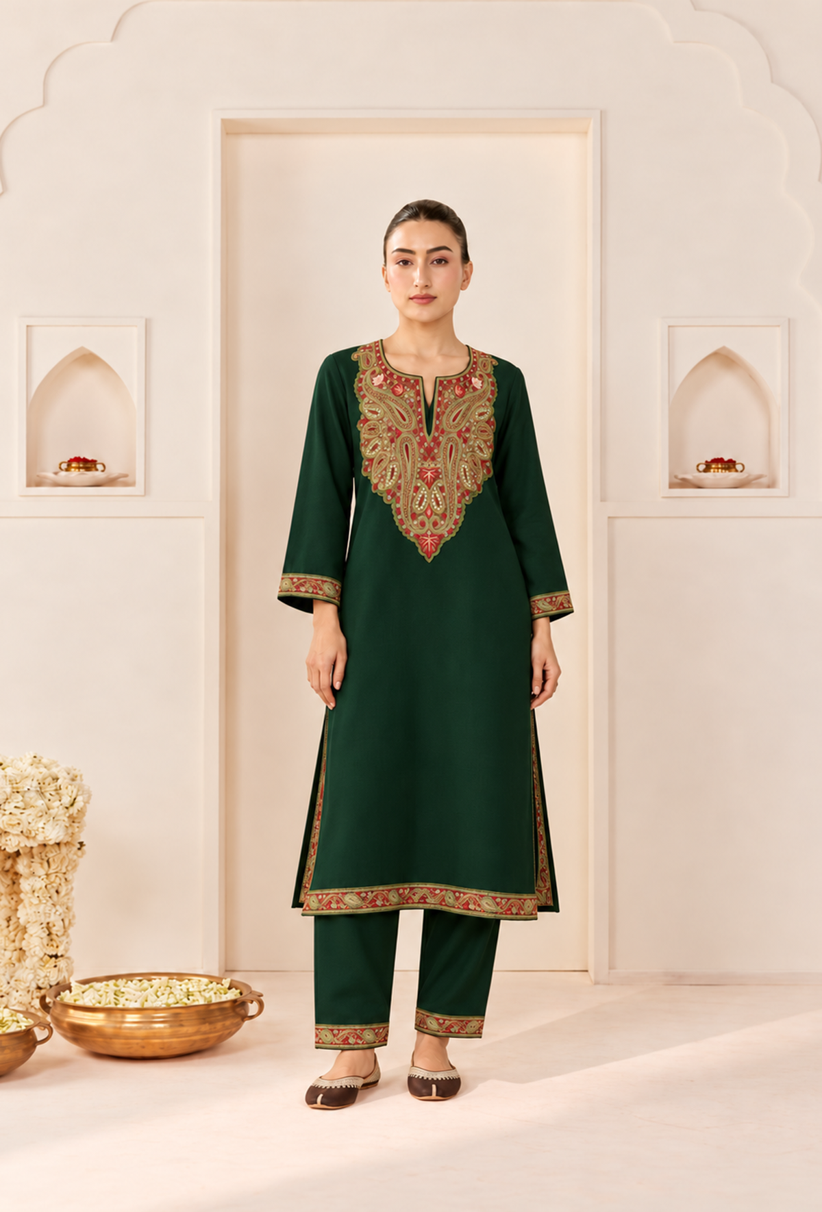 Set of 2: Emerald Royale Cashmilon Kashmiri Embroidered Lace Phiran with Pants パンツ M