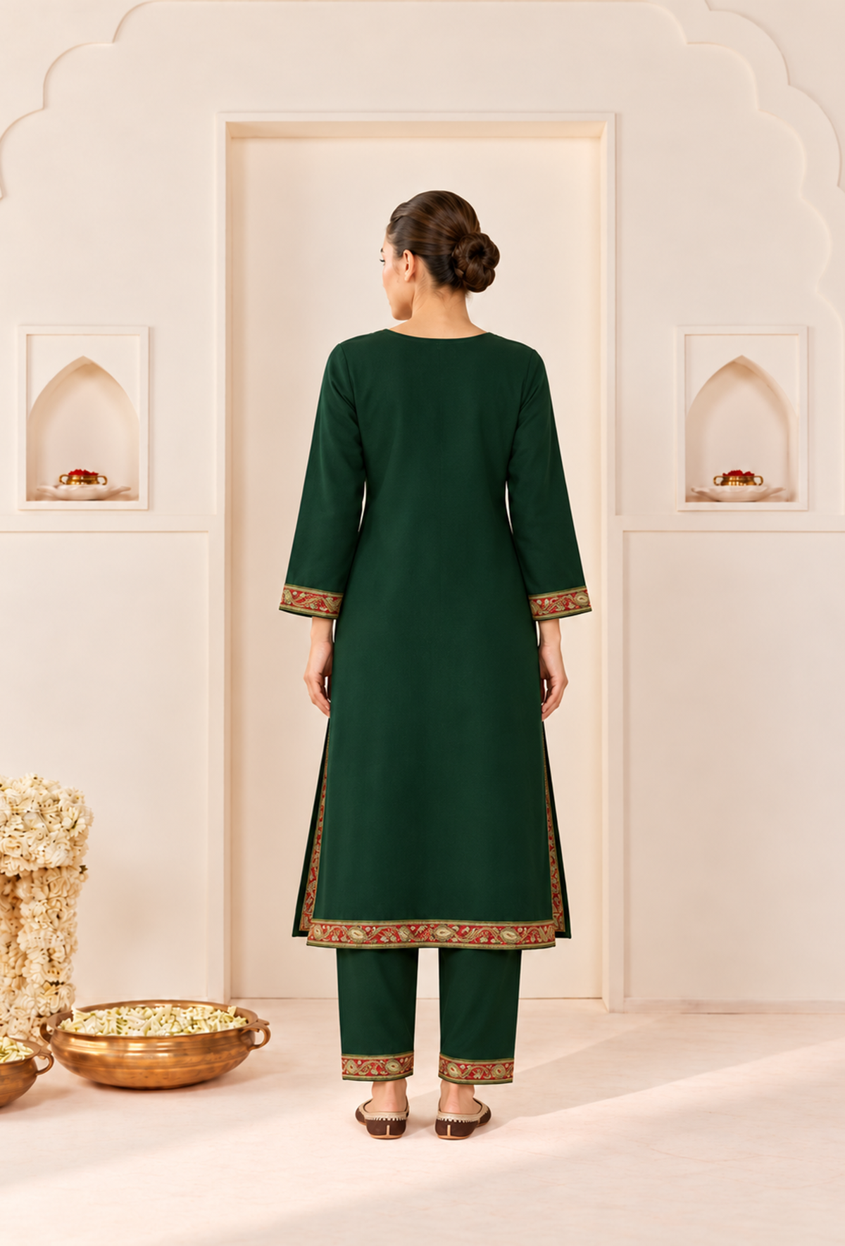 Set of 2: Emerald Royale Cashmilon Kashmiri Embroidered Lace Phiran with Pants パンツ S
