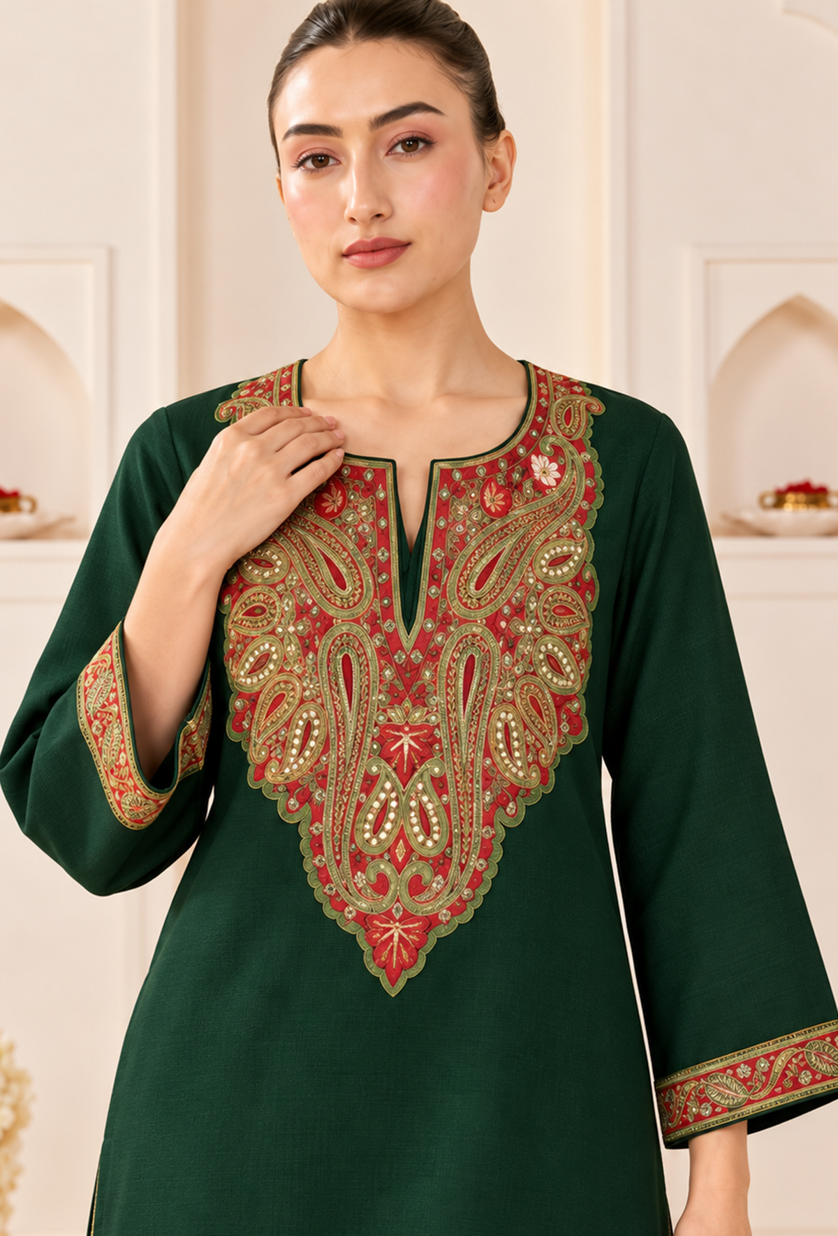 Set of 2: Emerald Royale Cashmilon Kashmiri Embroidered Lace Phiran with Pants パンツ L