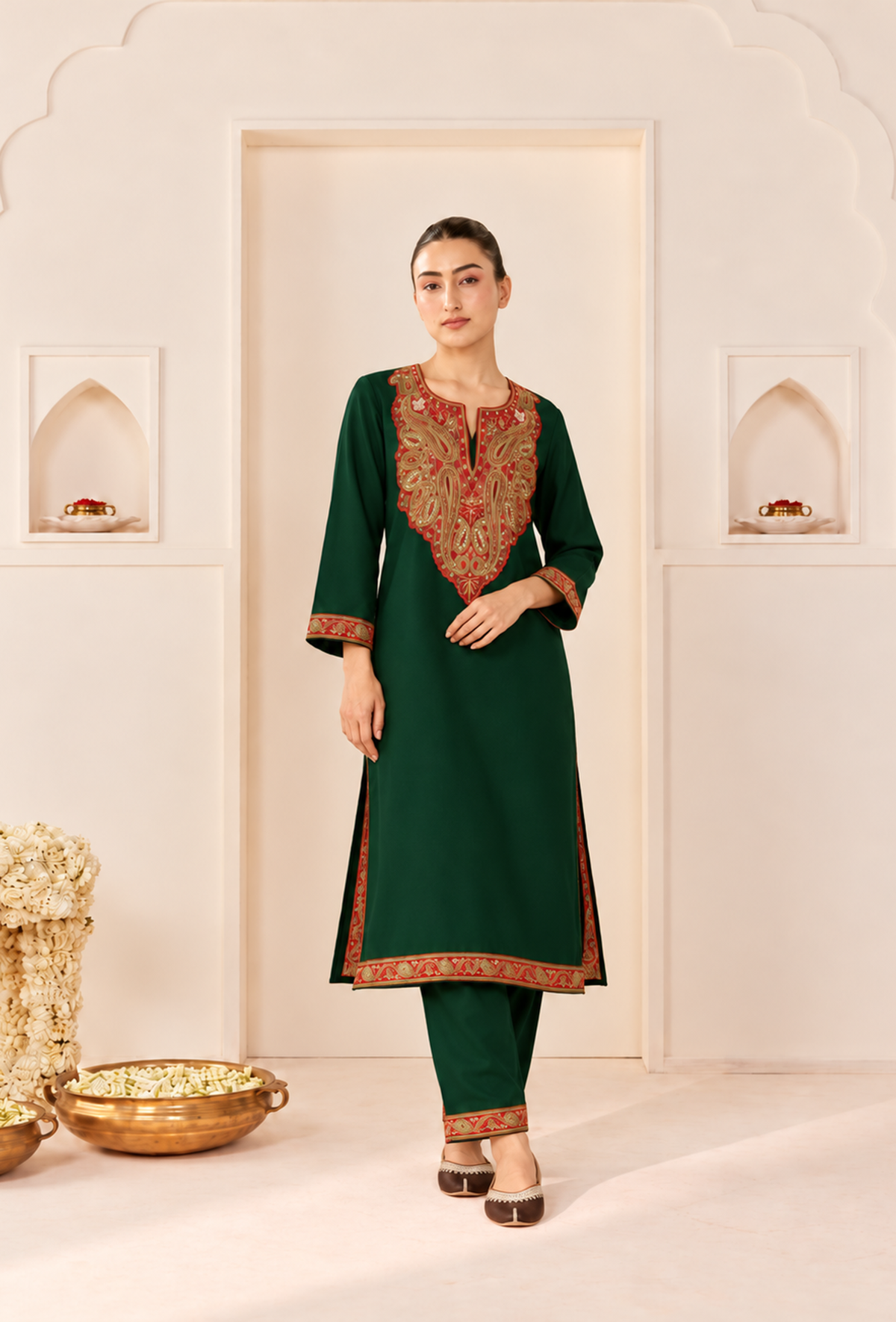 Set of 2: Emerald Royale Cashmilon Kashmiri Embroidered Lace Phiran with Pants パンツ XXXL