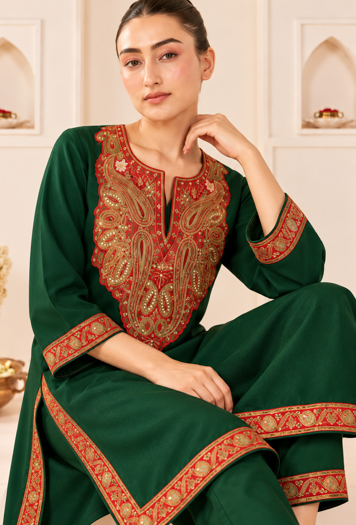 Set of 2: Emerald Royale Cashmilon Kashmiri Embroidered Lace Phiran with Pants パンツ XXL