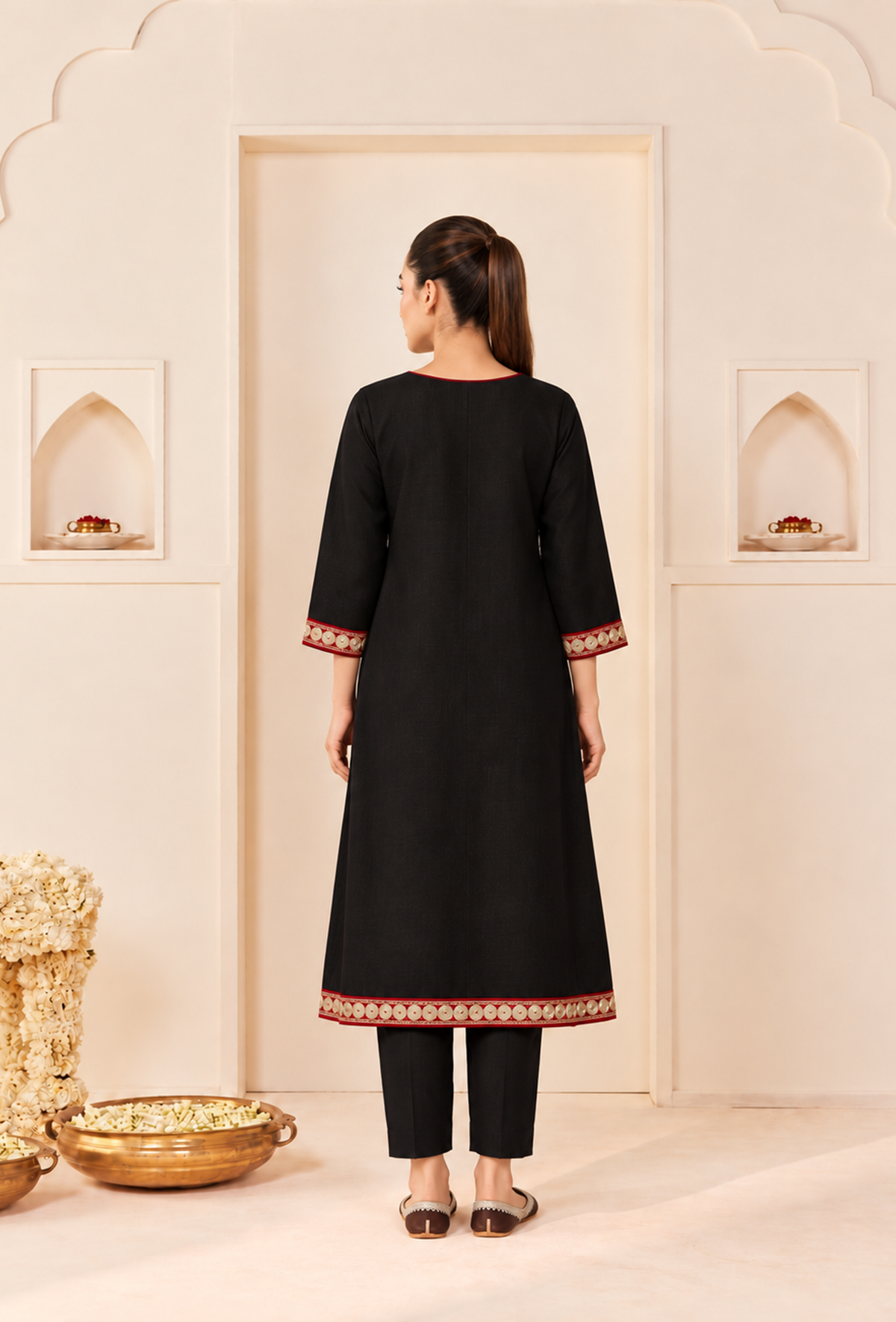 Set of 2: Black Elegance Cashmilon Kashmiri Embroidered Lace Phiran with Pants パンツ S