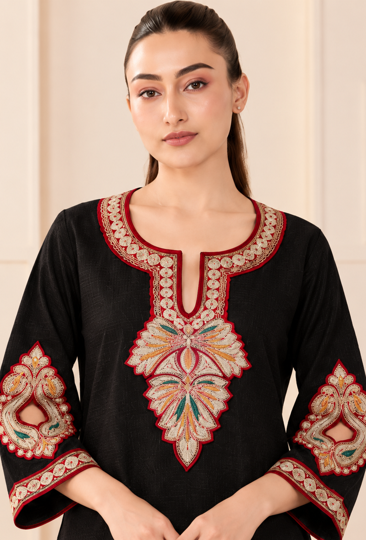 Set of 2: Black Elegance Cashmilon Kashmiri Embroidered Lace Phiran with Pants パンツ S