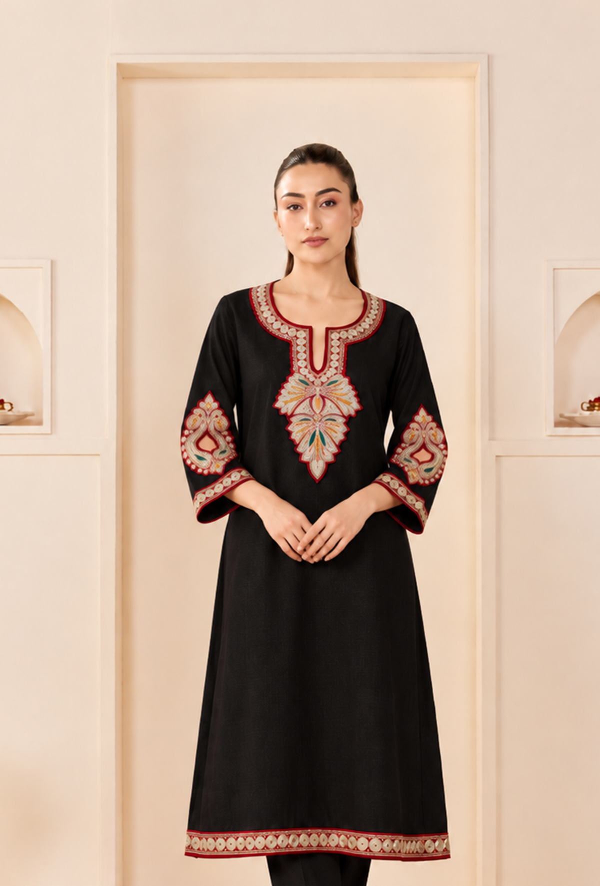 Black Royale Cashmilon Kashmiri Embroidered Lace Phiran サイズ フリーサイズ