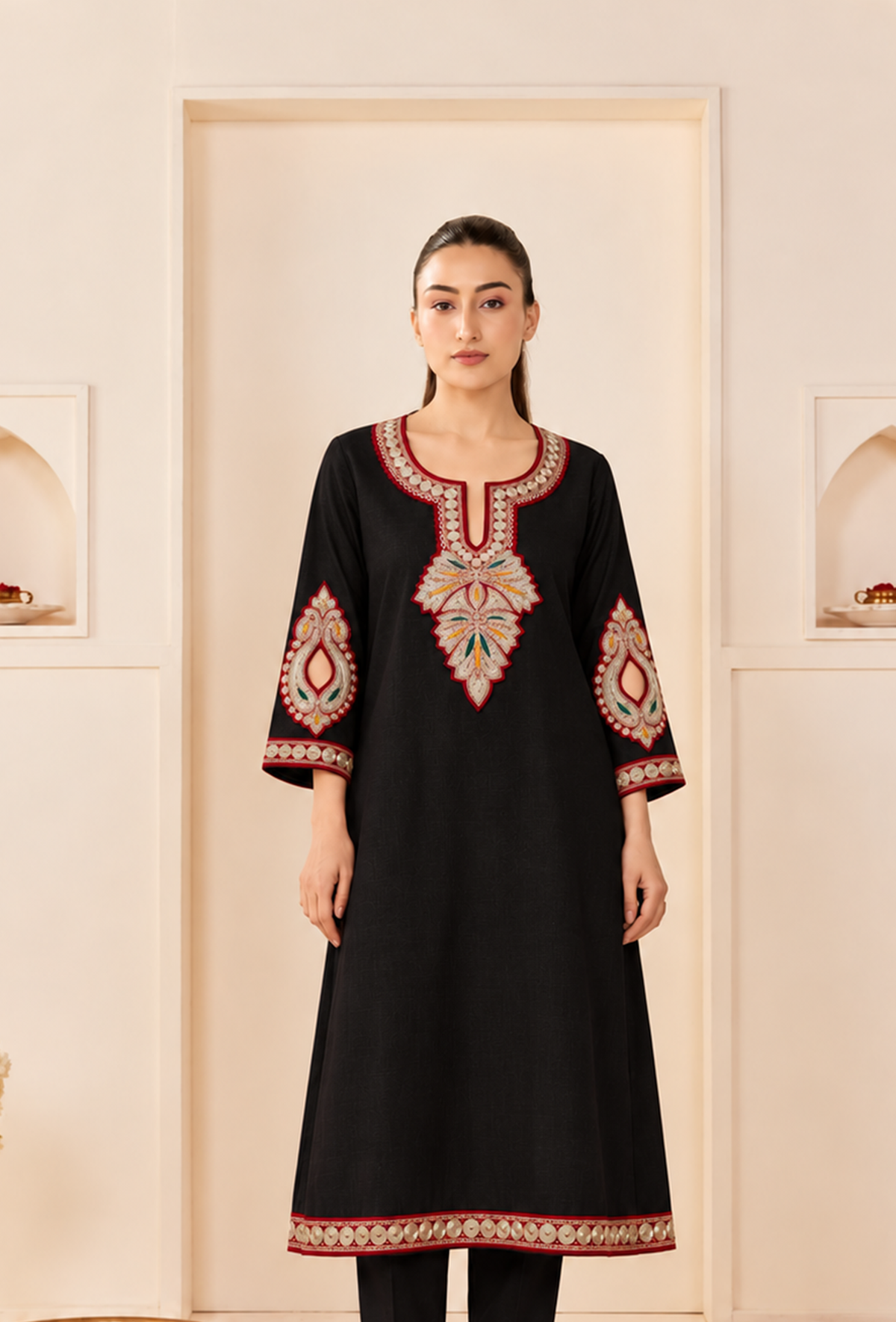 Black Royale Cashmilon Kashmiri Embroidered Lace Phiran サイズ フリーサイズ
