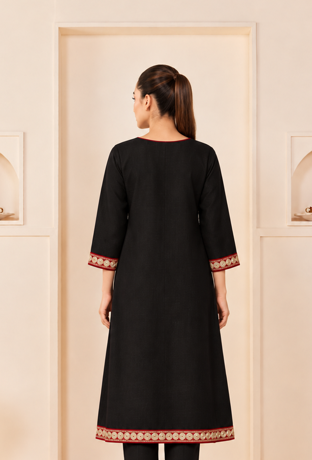 Black Royale Cashmilon Kashmiri Embroidered Lace Phiran サイズ フリーサイズ