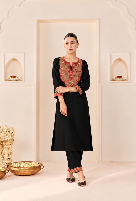 Set of 2: Noir Cashmilon Kashmiri Embroidered Lace Phiran with Pant パンツ M