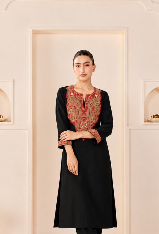 Noir Cashmilon Kashmiri Embroidered Lace Phiran サイズ フリーサイズ