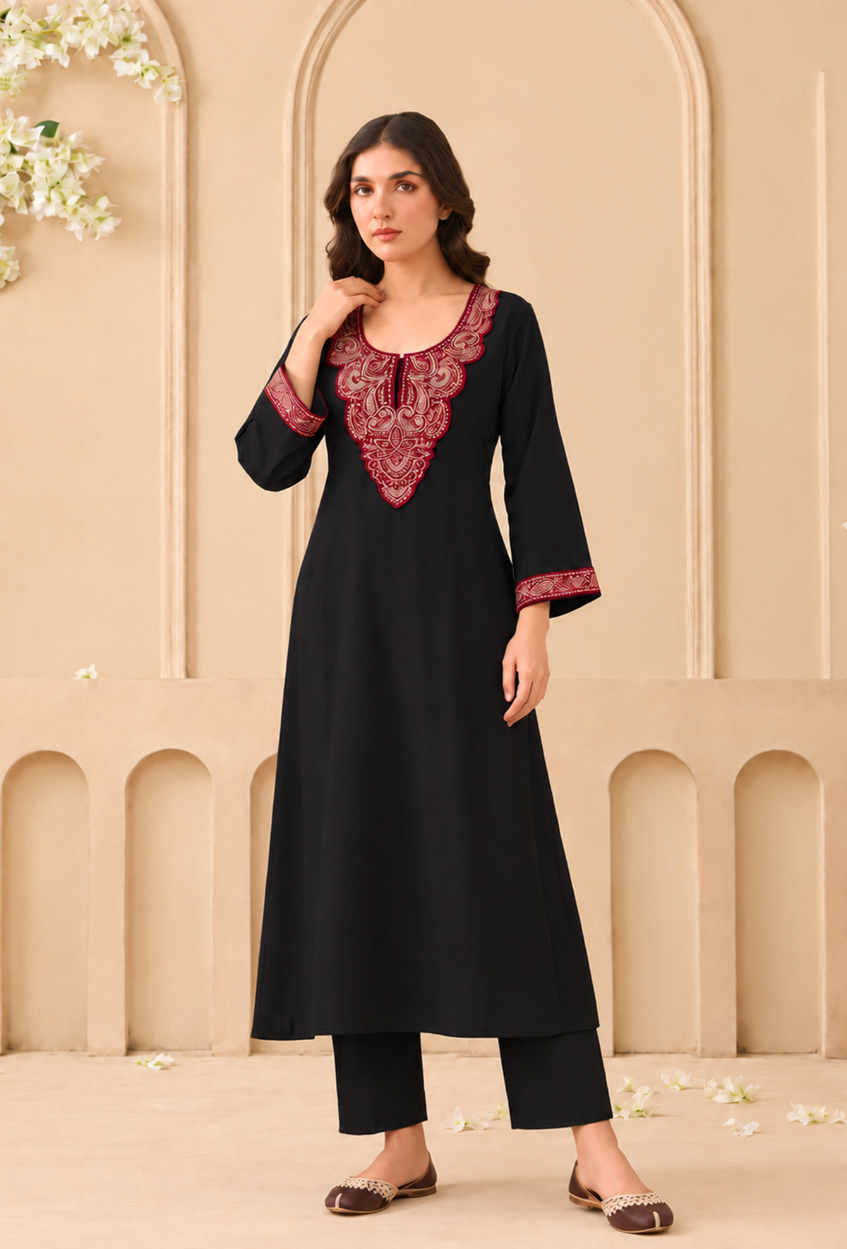 Set of 2: Midnight Cashmilon Kashmiri Embroidered Lace Phiran with Pant パンツ XXL