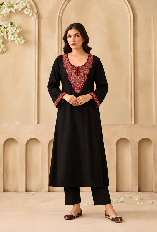 Set of 2: Midnight Cashmilon Kashmiri Embroidered Lace Phiran with Pant パンツ M