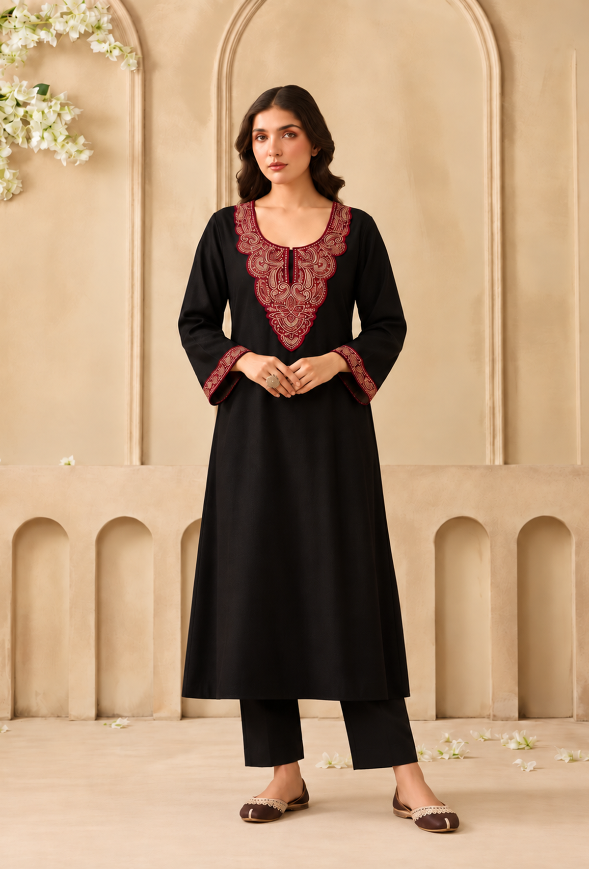 Set of 2: Midnight Cashmilon Kashmiri Embroidered Lace Phiran with Pant パンツ L