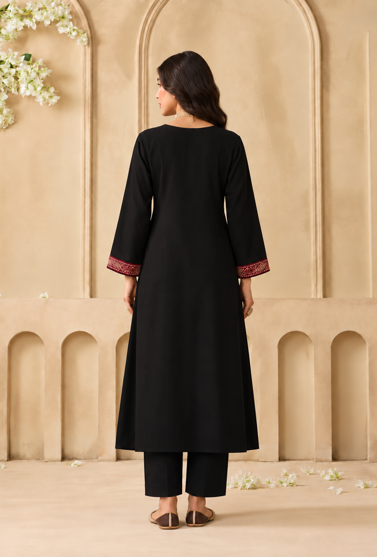 Set of 2: Midnight Cashmilon Kashmiri Embroidered Lace Phiran with Pant パンツ L