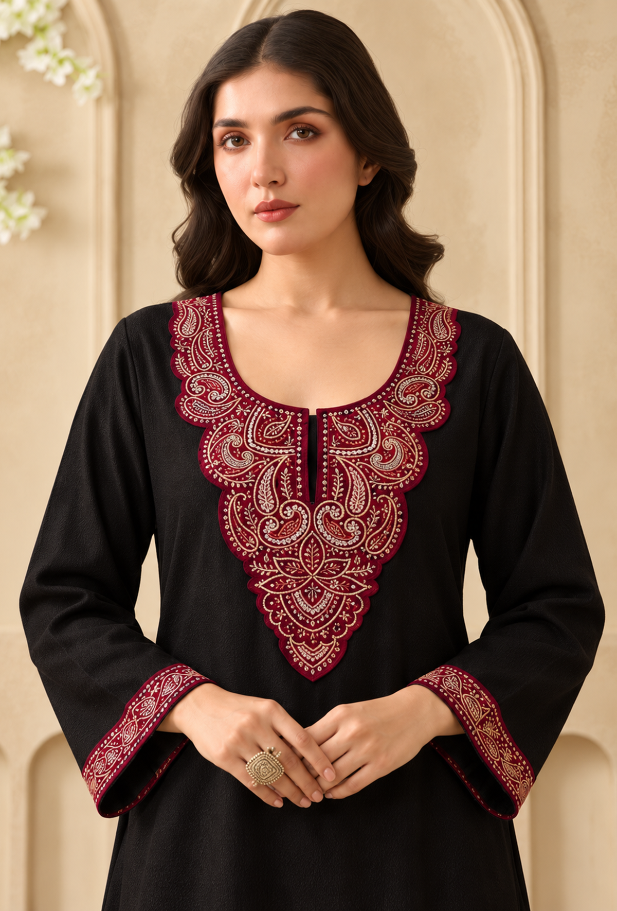 Set of 2: Midnight Cashmilon Kashmiri Embroidered Lace Phiran with Pant パンツ M
