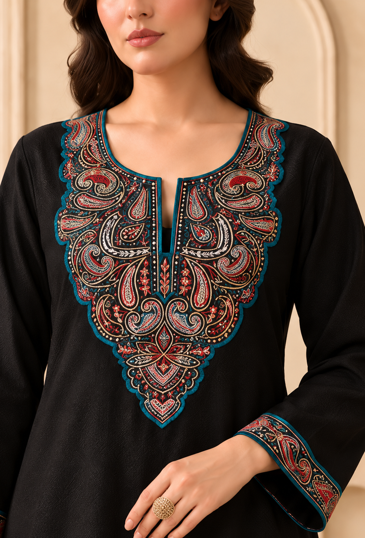Set of 2: Midnight Teal Cashmilon Kashmiri Embroidered Lace Phiran with Pant パンツ M