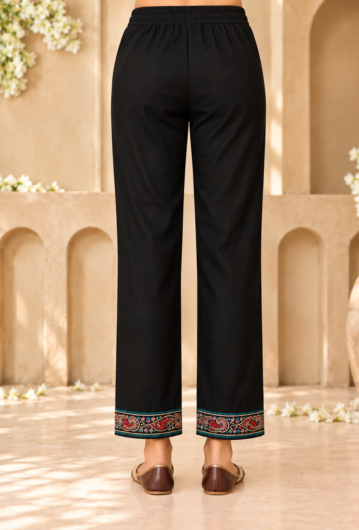 Set of 2: Midnight Teal Cashmilon Kashmiri Embroidered Lace Phiran with Pant パンツ M