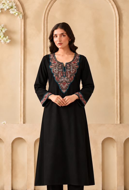 Midnight Teal Cashmilon Kashmiri Embroidered Lace Phiran サイズ フリーサイズ