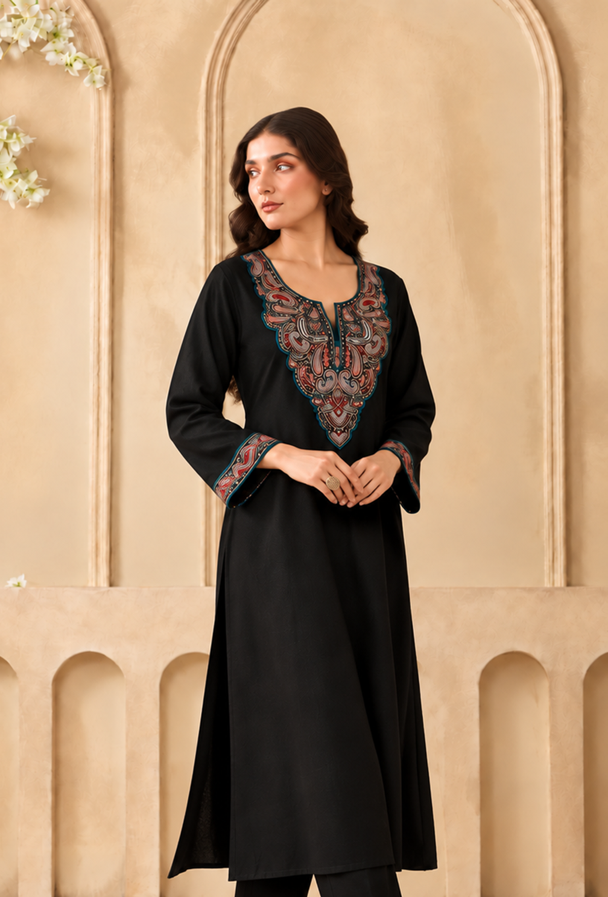 Midnight Teal Cashmilon Kashmiri Embroidered Lace Phiran サイズ フリーサイズ
