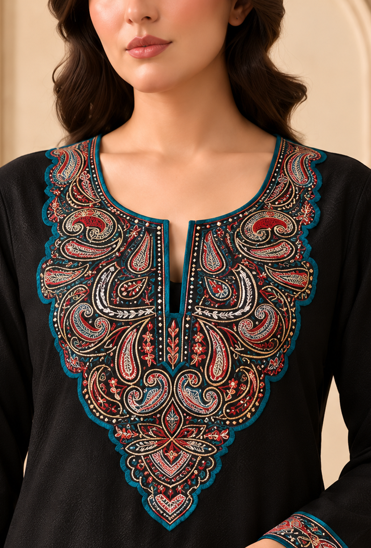 Midnight Teal Cashmilon Kashmiri Embroidered Lace Phiran サイズ フリーサイズ